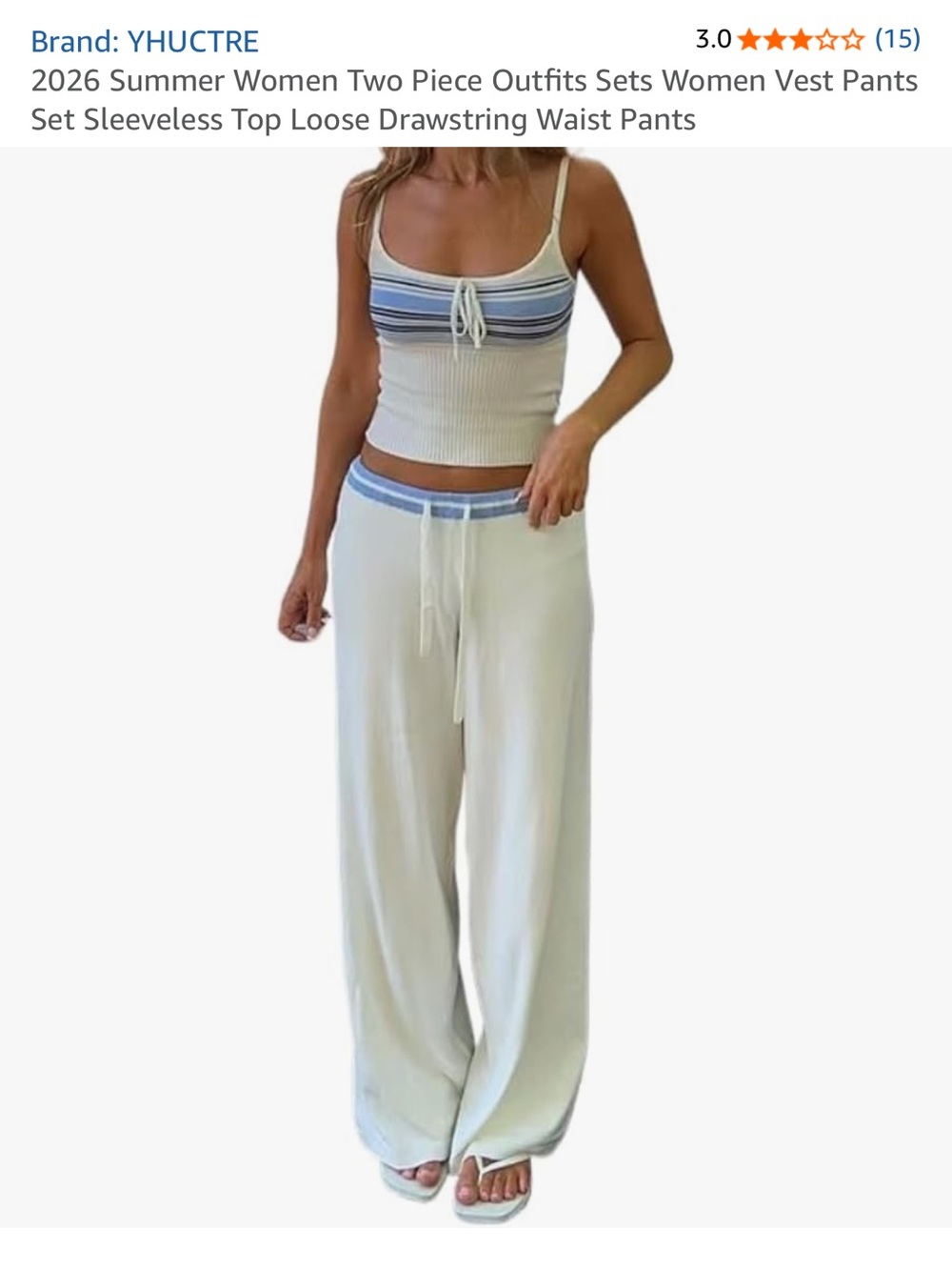 YHUCTRE Cream & Blue Ribbed Tank Top with wide leg pants set